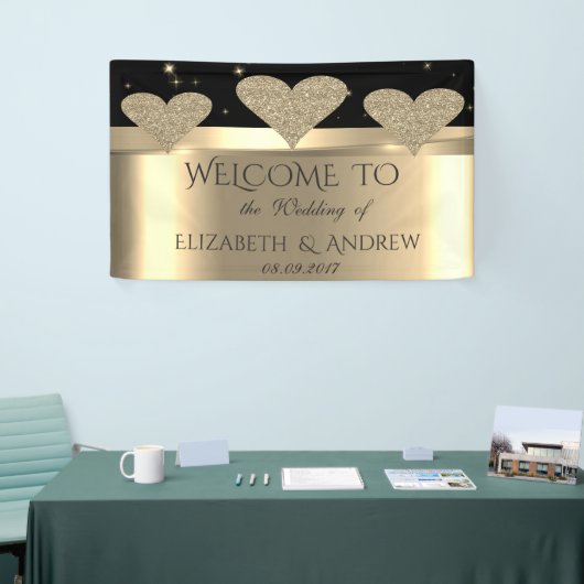 Elegant Shiny Gold Glitter Hearts Wedding Banner (Beurs)