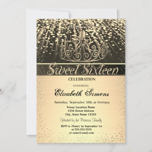 Elegant Shiny Gold Tiara Confetti Sweet 16 Kaart (Voorkant)