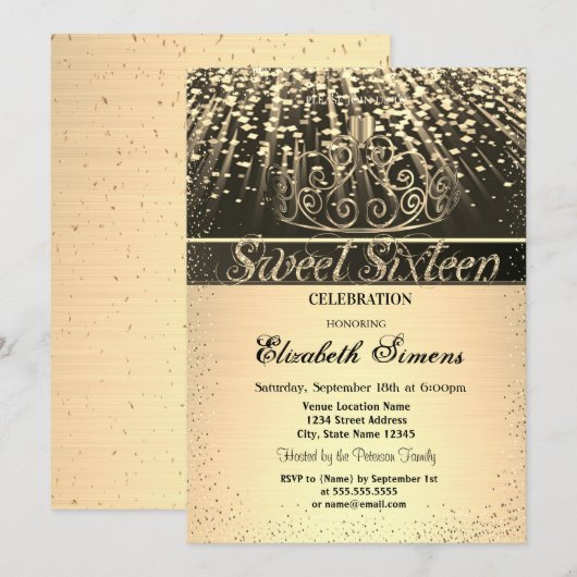 Elegant Shiny Gold Tiara Confetti Sweet 16 Kaart (Voorkant / Achterkant)