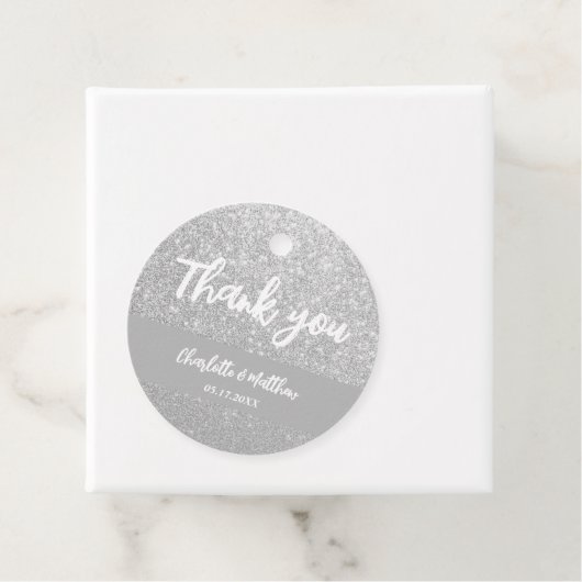 Elegant Shiny Silver Glitter Wedding Favor Labels (In situ)