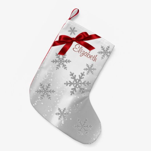Elegant Shiny Snowflakes, Red Bow-gepersonaliseerd Kleine Kerstsok (Voorkant (Hangend))