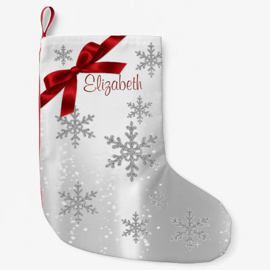 Elegant Shiny Snowflakes, Red Bow-gepersonaliseerd Kleine Kerstsok (Voorkant)