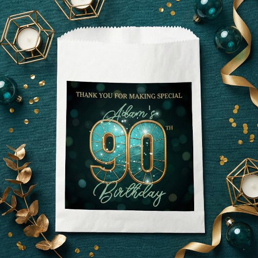 Elegant Shiny Teal Gold 90th Birthday Party Bedankzakje