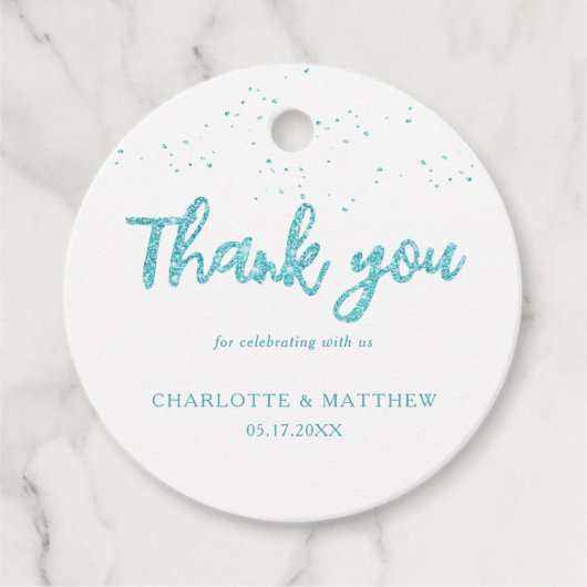Elegant Shiny Turquoise Glitter Wedding Favor Labe Bedankjes Labels (Voorkant)