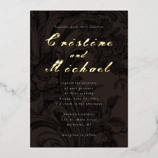 Elegant sierbloemen goudbruiloft folie uitnodiging (Voorkant)