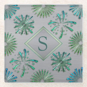 Elegant Sierlijk Blauw Groen Patroon Monogram Glazen Onderzetter