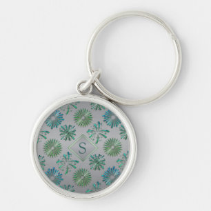 Elegant Sierlijk Blauw Groen Patroon Monogram Sleutelhanger