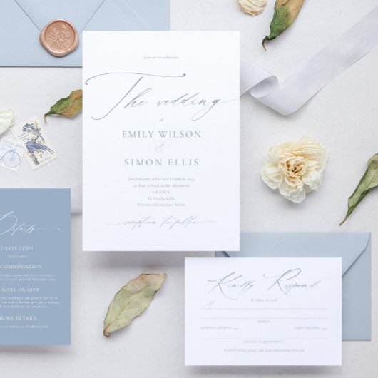 Elegant sierlijk script Dusty Blue Wedding RSVP