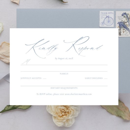 Elegant sierlijk script Dusty Blue Wedding RSVP
