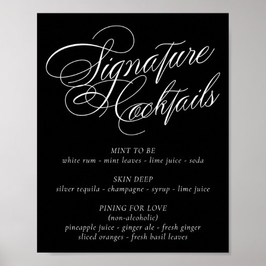Elegant Signature Cocktail Drink White Calligraphy Poster (Voorkant)