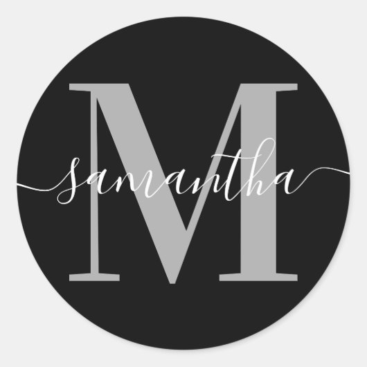 Elegant Signature Grey Modern Monogram Black Ronde Sticker (Voorkant)