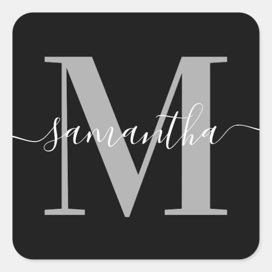 Elegant Signature Grey Modern Monogram Black Vierkante Sticker (Voorkant)