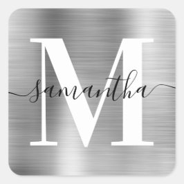 Elegant Signature Modern Monogram Silver Foil Vierkante Sticker