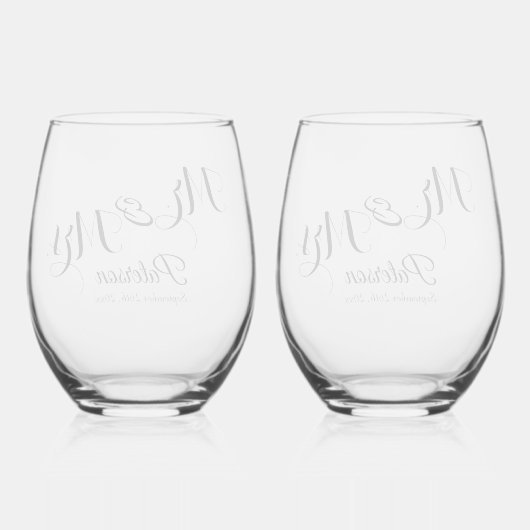 Elegant Signature Script Bruiloft Monogram Bril Wijnglas Zonder Voet (Achterkant)