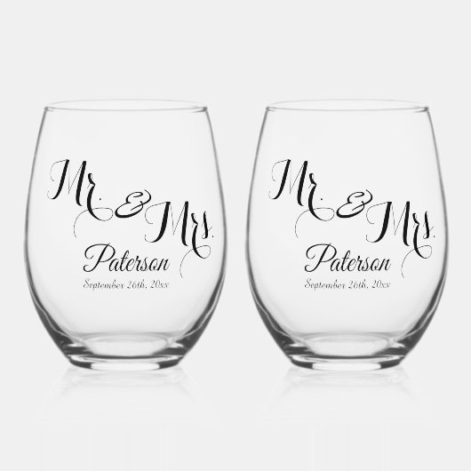 Elegant Signature Script Bruiloft Monogram Bril Wijnglas Zonder Voet (Voorkant)