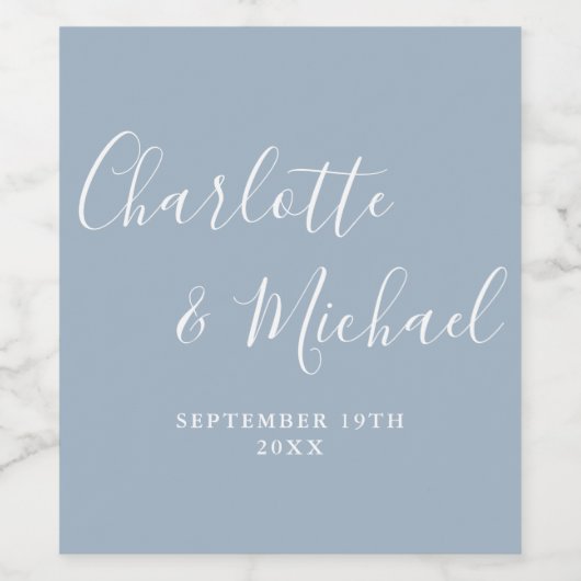 Elegant Signature Script Dusty Blue Wedding Wijn Etiket (Enkel label)