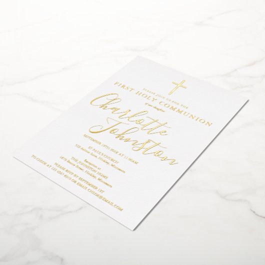 Elegant Signature Script First Heilige Communie Folie Uitnodiging (Gedraaid)