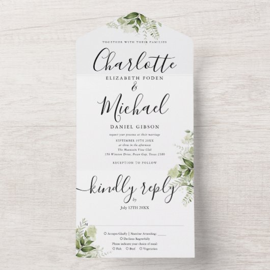 Elegant Signature Script Greenery Leaves Wedding All In One Uitnodiging (Binnen)