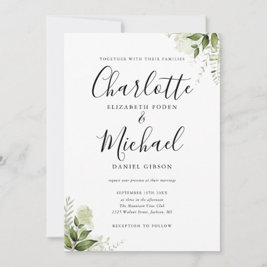 Elegant Signature Script Greenery Leaves Wedding Kaart (Voorkant)