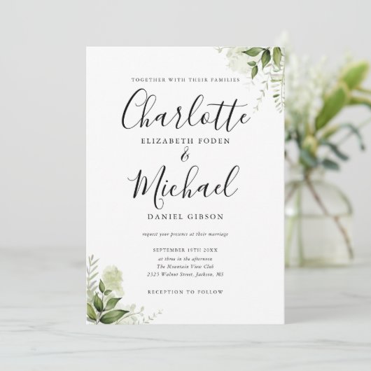 Elegant Signature Script Greenery Leaves Wedding Kaart (Staand voorkant)