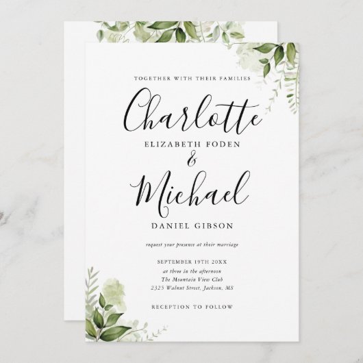 Elegant Signature Script Greenery Leaves Wedding Kaart (Voorkant / Achterkant)