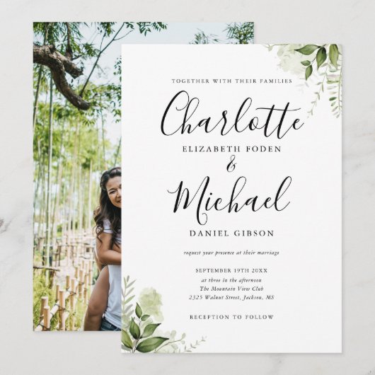 Elegant Signature Script Greenery Photo Wedding Kaart (Voorkant / Achterkant)