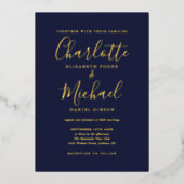 Elegant Signature Script Navy Blue Wedding Gold Folie Uitnodiging (Voorkant)