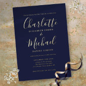 Elegant Signature Script Navy Blue Wedding Gold Folie Uitnodiging