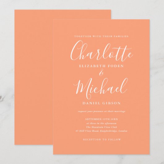 Elegant Signature Script Peach Wedding Kaart (Voorkant / Achterkant)