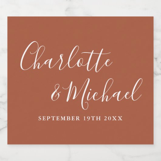 Elegant Signature Script Terracotta Bruiloft Sparkling Wijnetiket (Enkel label)