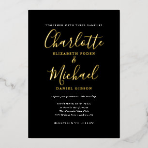 Elegant Signature Script Weduwen Black en Gold Folie Uitnodiging