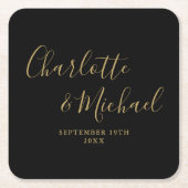 Elegant Signature Script Zwart en Goud Bruiloft Kartonnen Onderzetters (Voorkant)