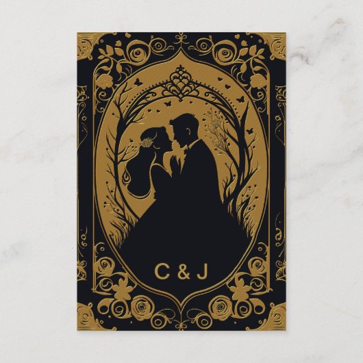 Elegant silhouet van een bruid en bruidegom informatiekaartje (Achterkant)