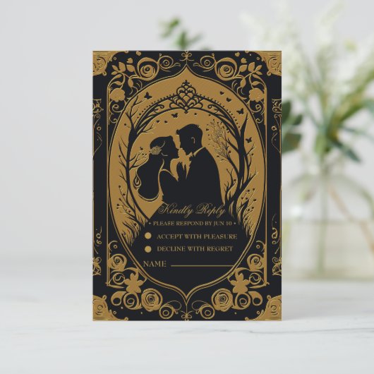 Elegant silhouet van een bruid en bruidegom RSVP kaartje (Staand voorkant)