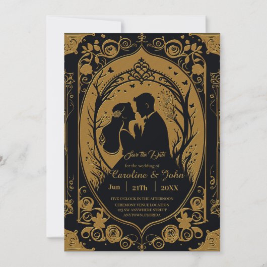 Elegant silhouet van een bruid en bruidegom save the date (Voorkant)