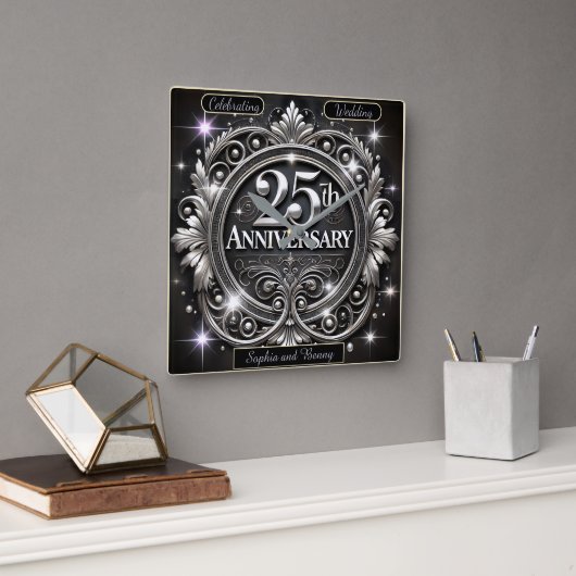 Elegant Silver 25e Verjaardag Vierkante Klok (Kantoor)