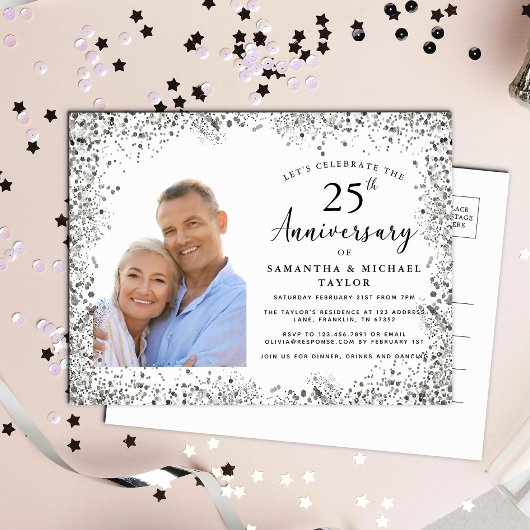 Elegant Silver 25th Wedding Anniversary Uitnodiging Briefkaart