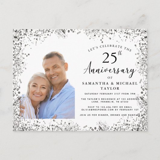 Elegant Silver 25th Wedding Anniversary Uitnodiging Briefkaart (Voorkant)