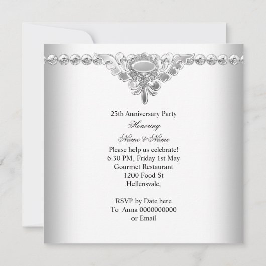 Elegant Silver 25th Wedding Jubileum Damask Kaart (Achterkant)