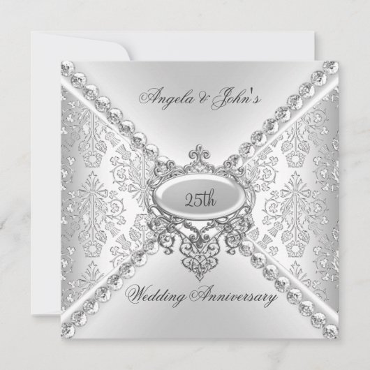 Elegant Silver 25th Wedding Jubileum Damask Kaart (Voorkant)