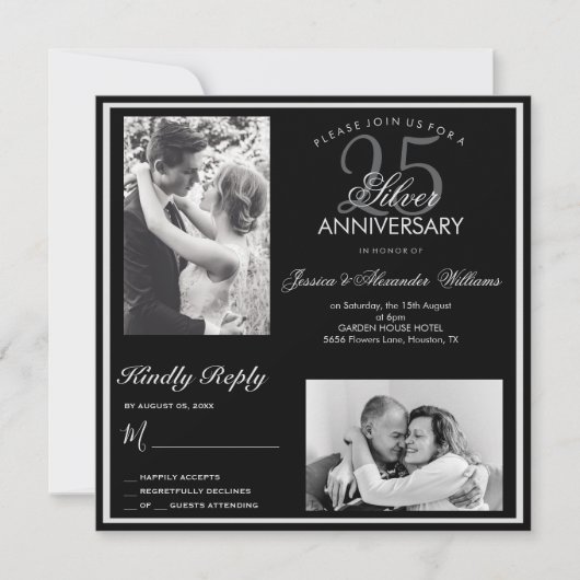 Elegant Silver 25th Wedding Jubileum Foto Kaart (Voorkant)