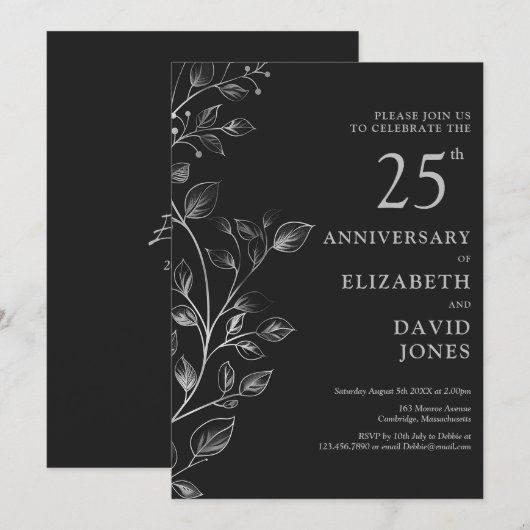 Elegant Silver 25th Wedding Jubileum Invitation Kaart (Voorkant / Achterkant)