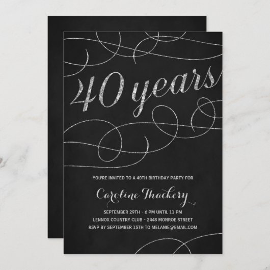 Elegant Silver 40th Birthday Party Kaart (Voorkant / Achterkant)
