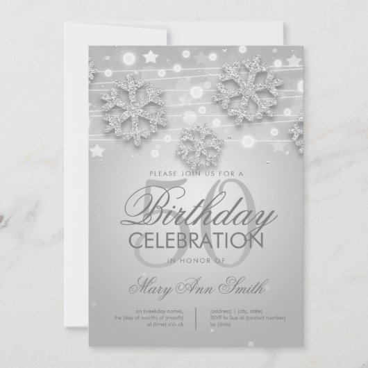 Elegant Silver 50th Birthday Party Winter Glitter Kaart (Voorkant)