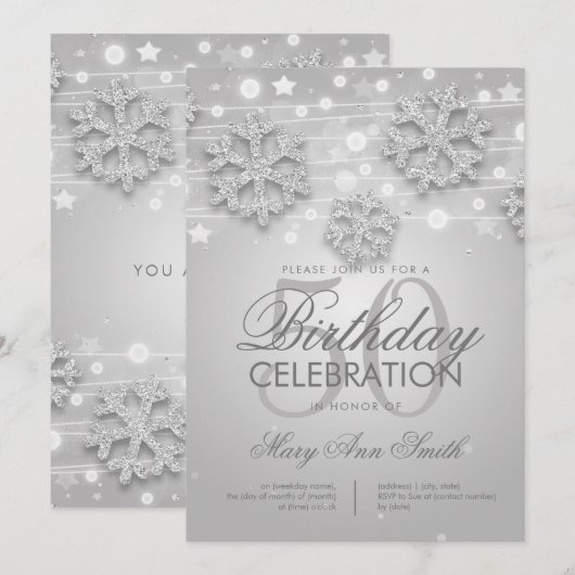 Elegant Silver 50th Birthday Party Winter Glitter Kaart (Voorkant / Achterkant)