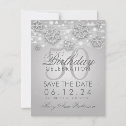 Elegant Silver 50th Birthday Save the Date Winter Kaart (Voorkant)