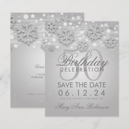 Elegant Silver 50th Birthday Save the Date Winter Kaart (Voorkant / Achterkant)