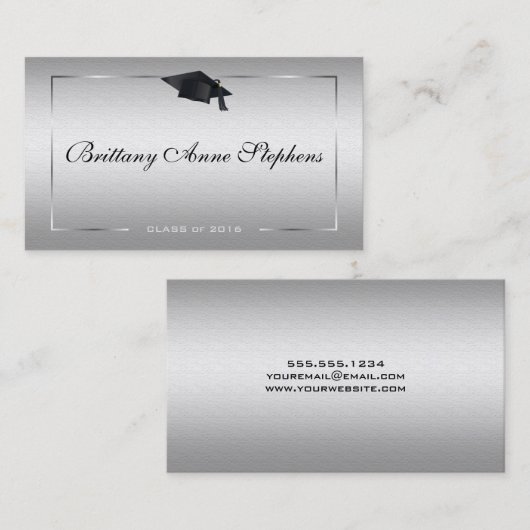 Elegant Silver Afstuderen Name Card Contactkaartje (Voorkant / Achterkant)