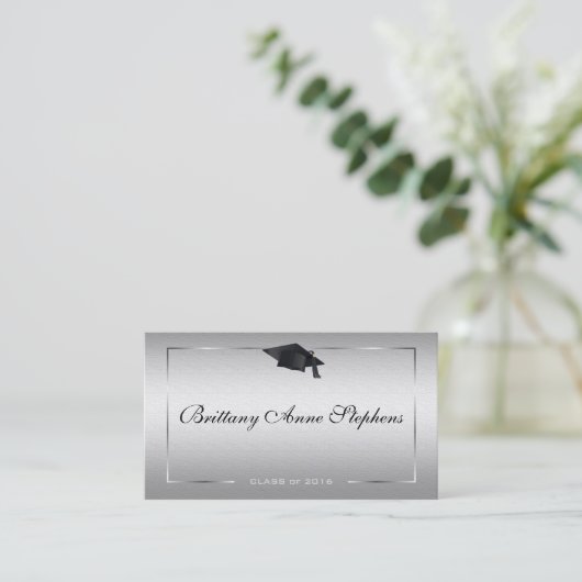 Elegant Silver Afstuderen Name Card Contactkaartje (Staand voorkant)