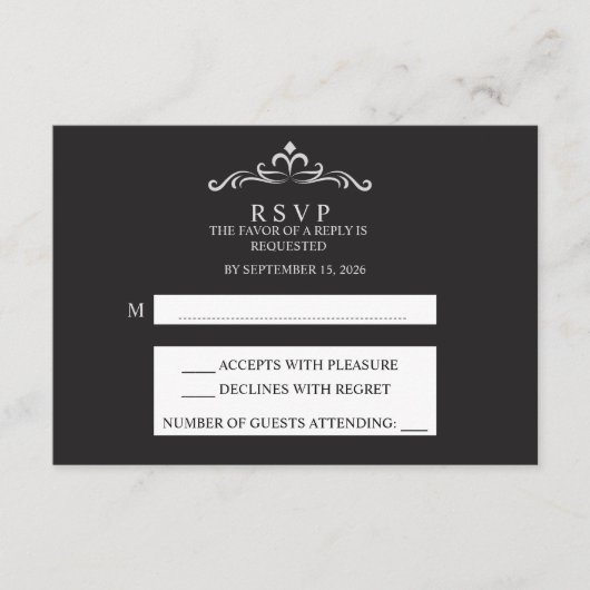 Elegant Silver and Black Horizontal Wedding RSVP Kaartje (Voorkant)